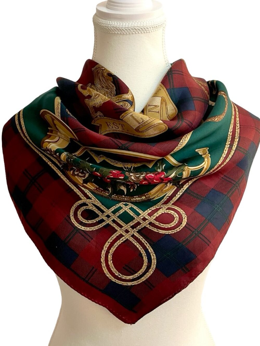 Lauren Ralph Lauren 100% Silk Equestrian Tartan Scarf 31x31 Holiday Plaid